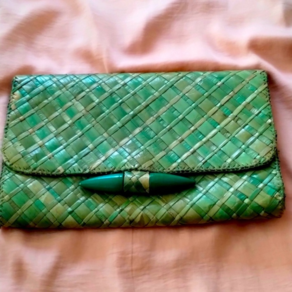 Bag VANESSA Purse FASHION IMPORTS USA Vintage Clutch Woven Green Tan 11” x 7”